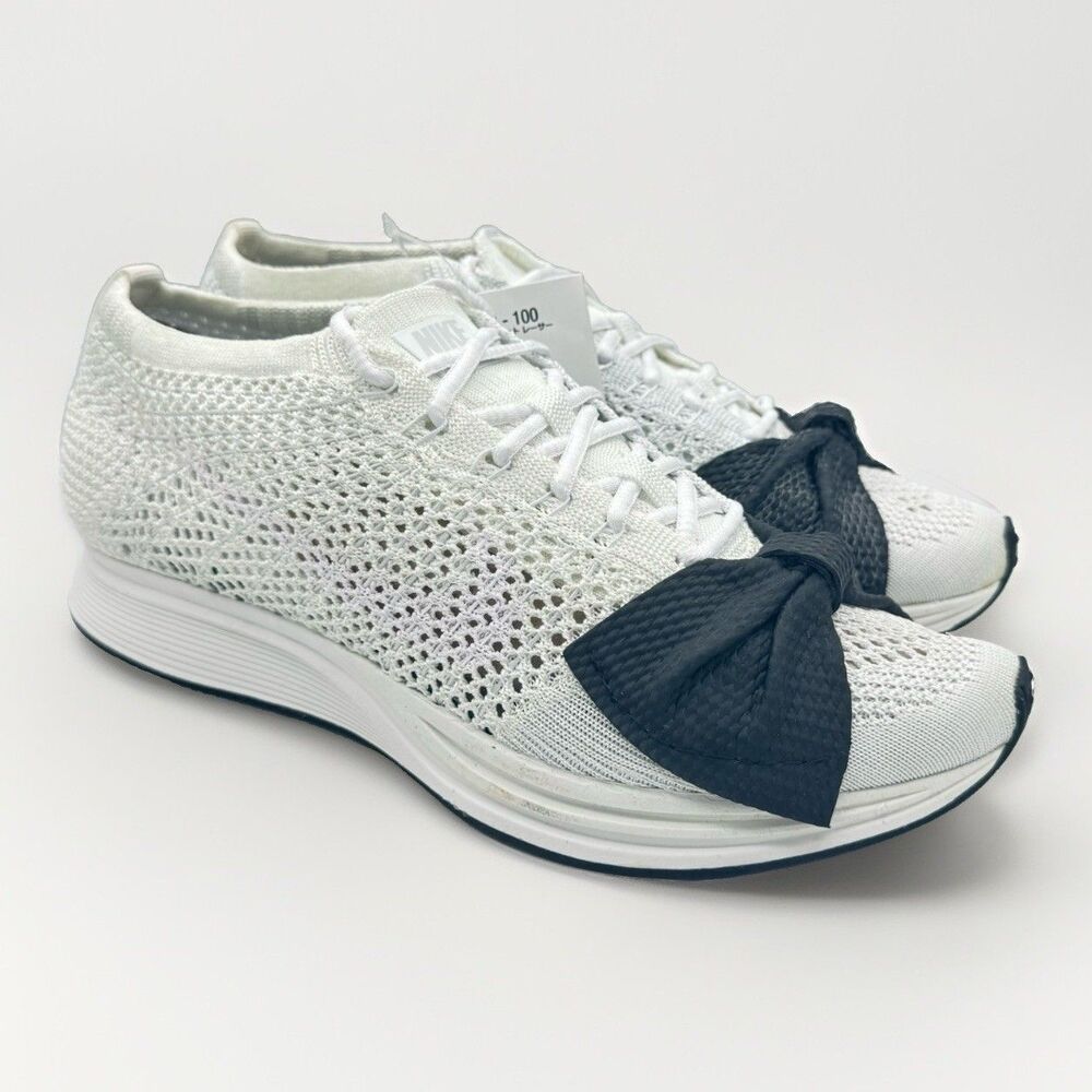 Nike Flyknit Racer Comme Des Garcons Pure Platinum White Bow Womens Size 7.5